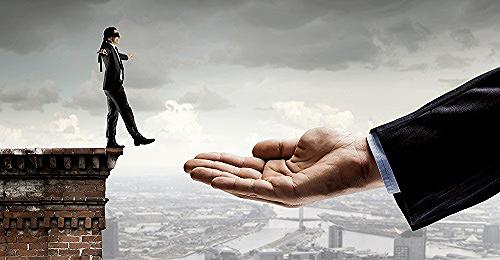 blindfolded woman walking off edge into giant hand